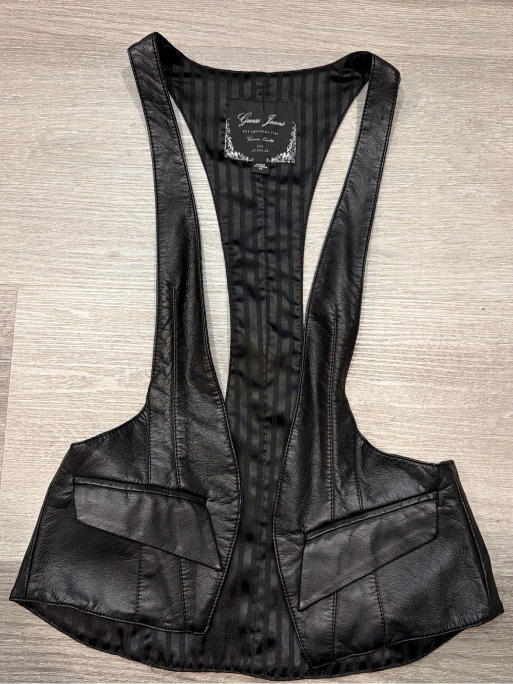 Women’s Guess Jeans Black Faux Leather Vest with Flap Pockets XS Y2K Vintage